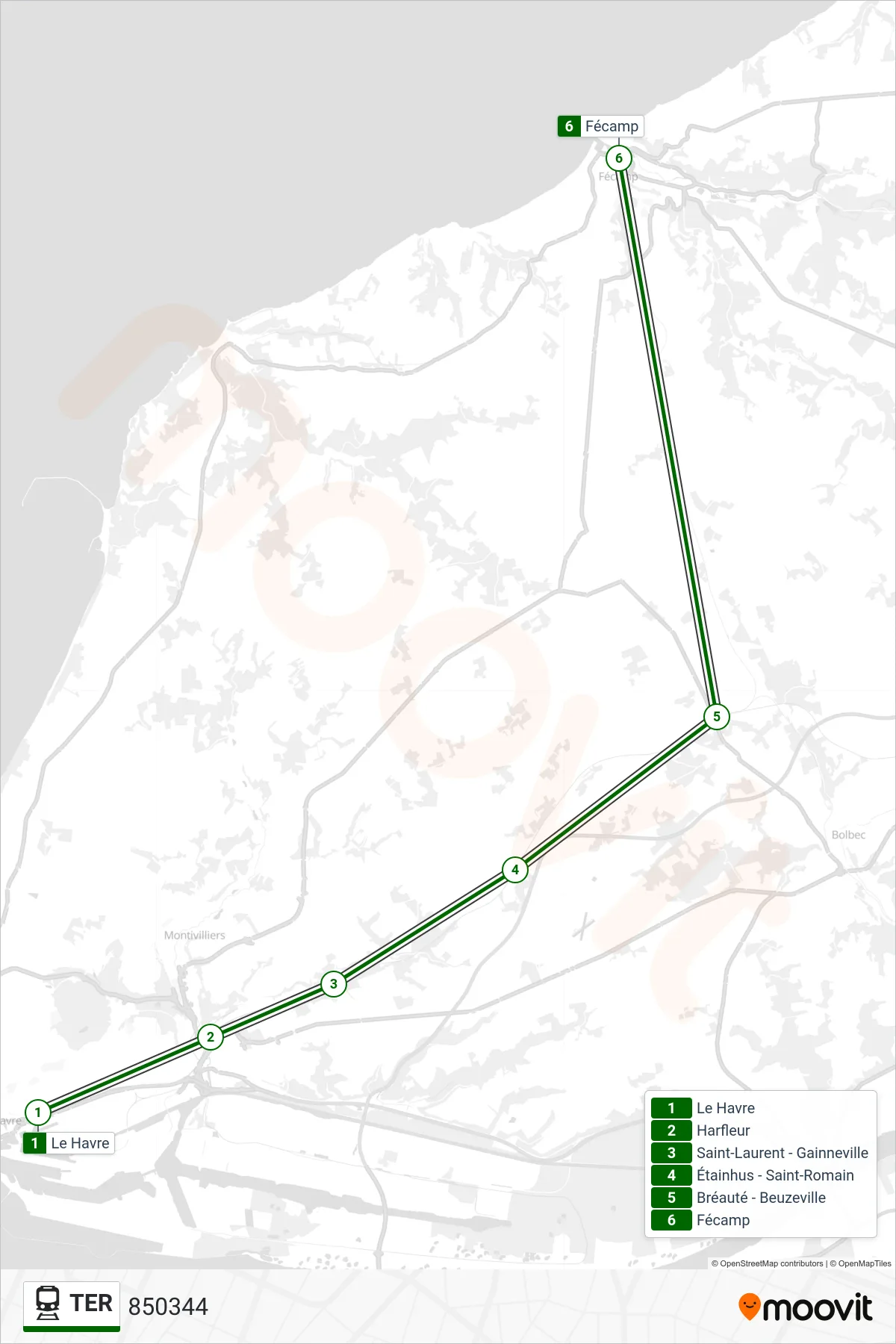 Recorrido y paradas de la línea TER de tren (850344) en el mapa