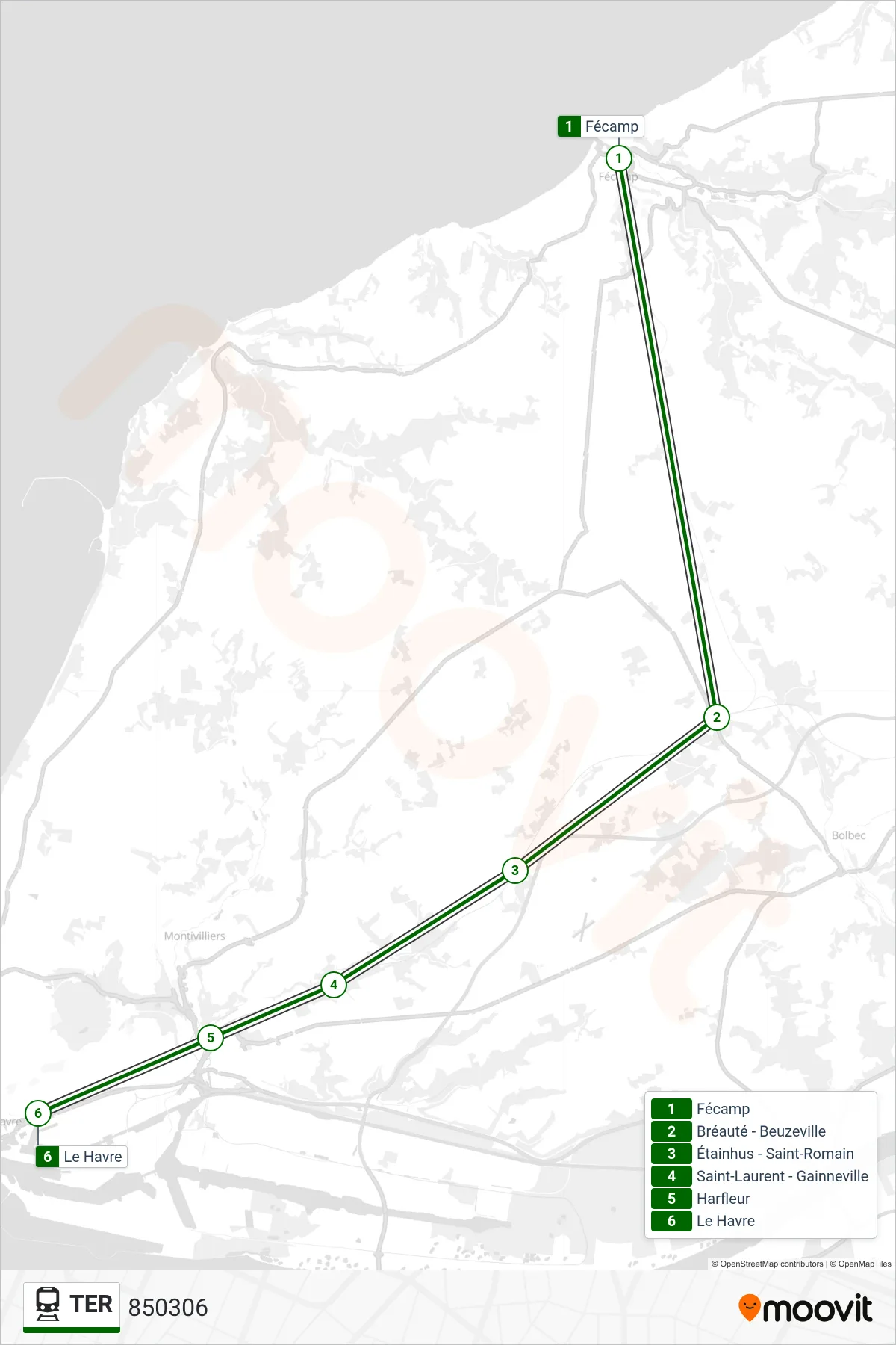 Recorrido y paradas de la línea TER de tren (850306) en el mapa