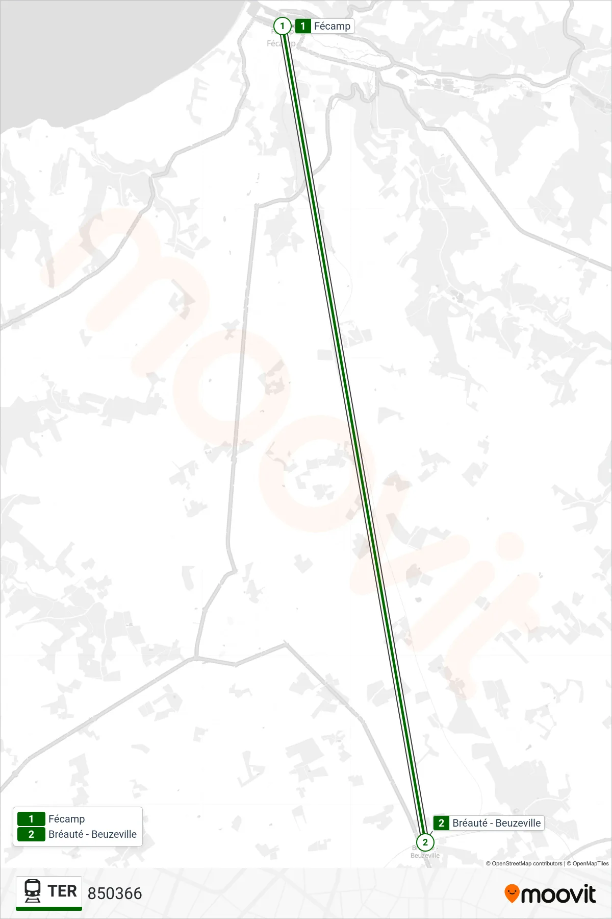 Tracé et arrêts de la ligne TER de train (850366) sur une carte