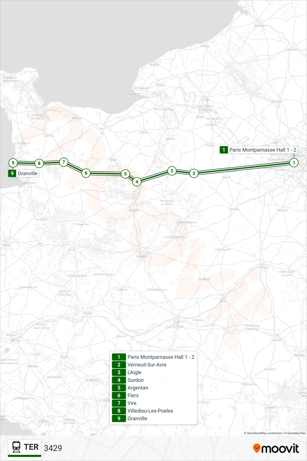 Tracé et arrêts de la ligne TER de train (3429) sur une carte