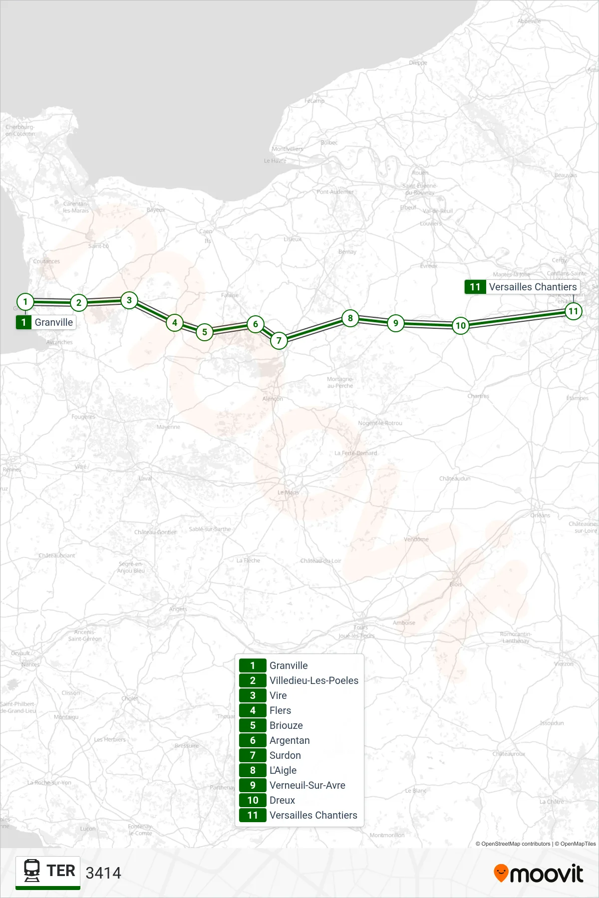 Tracé et arrêts de la ligne TER de train (3414) sur une carte