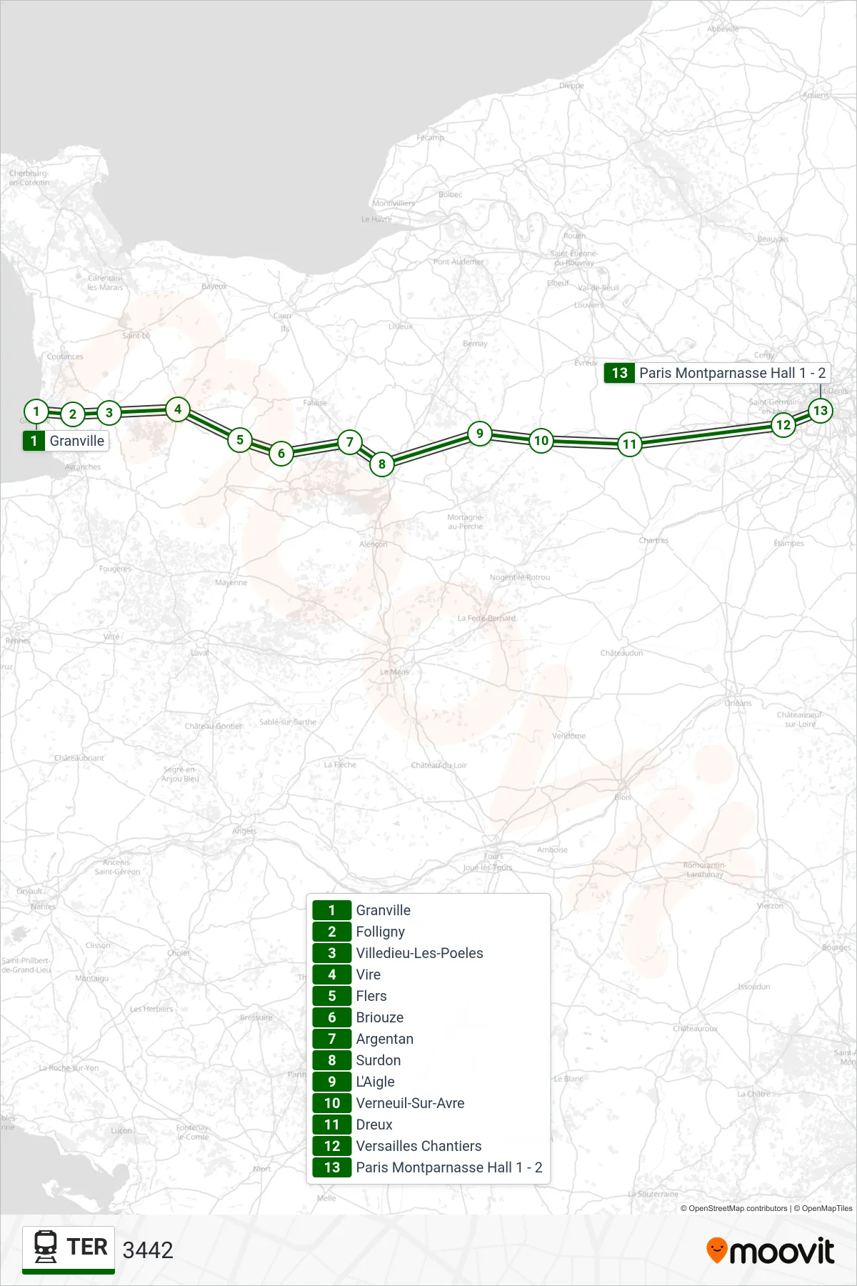 Tracé et arrêts de la ligne TER de train (3442) sur une carte