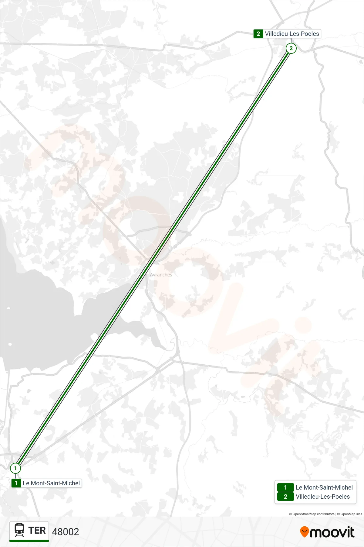 Tracé et arrêts de la ligne TER de train (48002) sur une carte