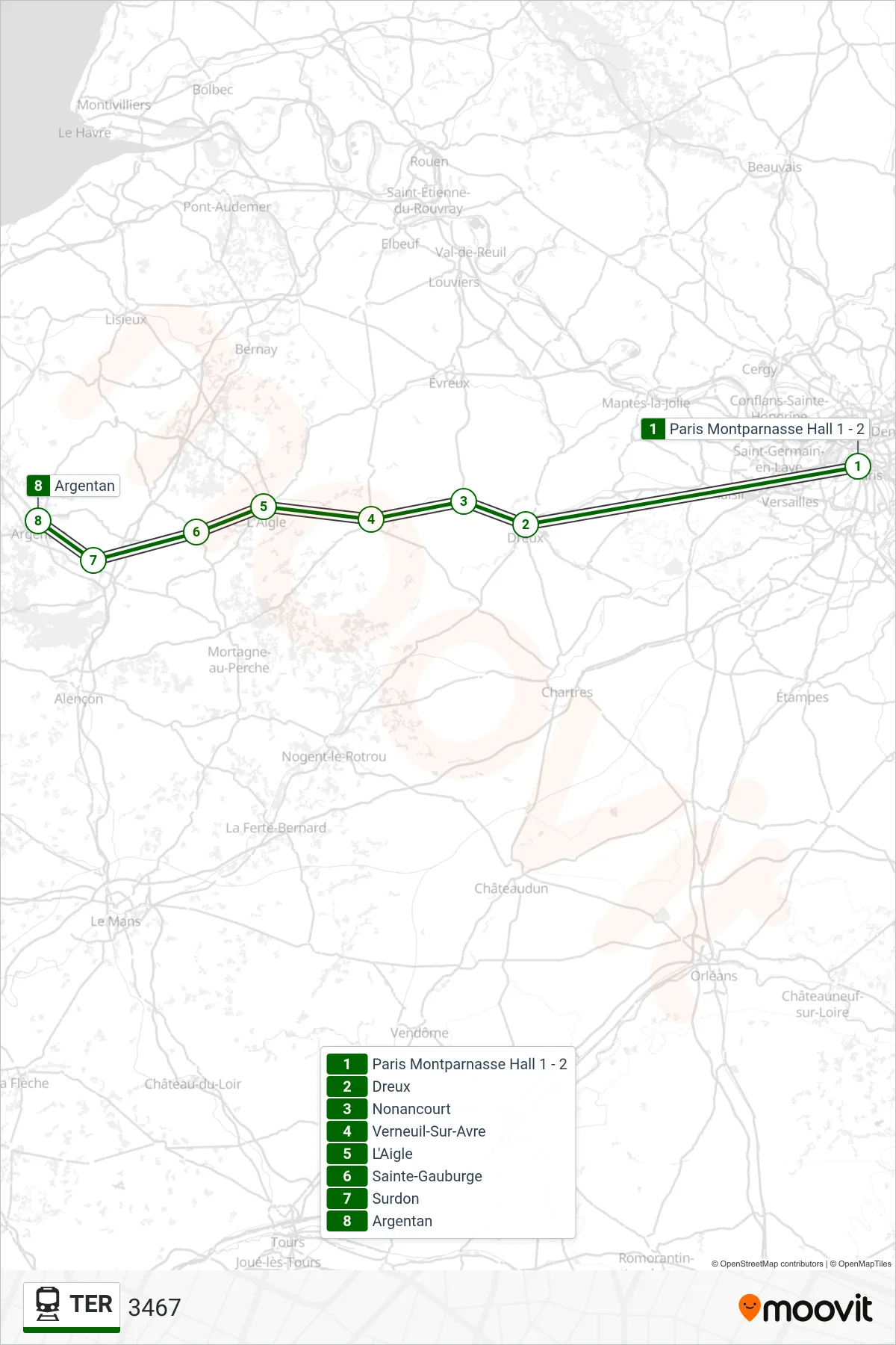 Tracé et arrêts de la ligne TER de train (3467) sur une carte
