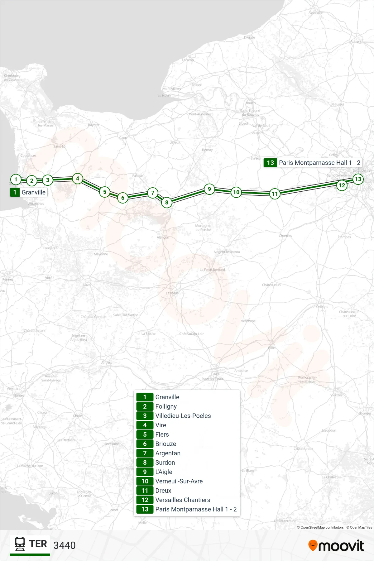 Recorrido y paradas de la línea TER de tren (3440) en el mapa