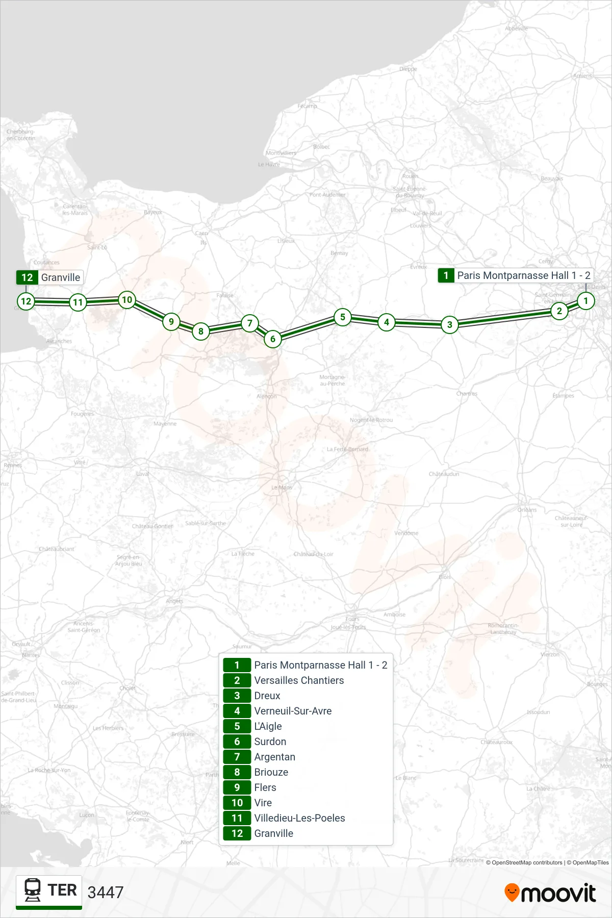 Tracé et arrêts de la ligne TER de train (3447) sur une carte