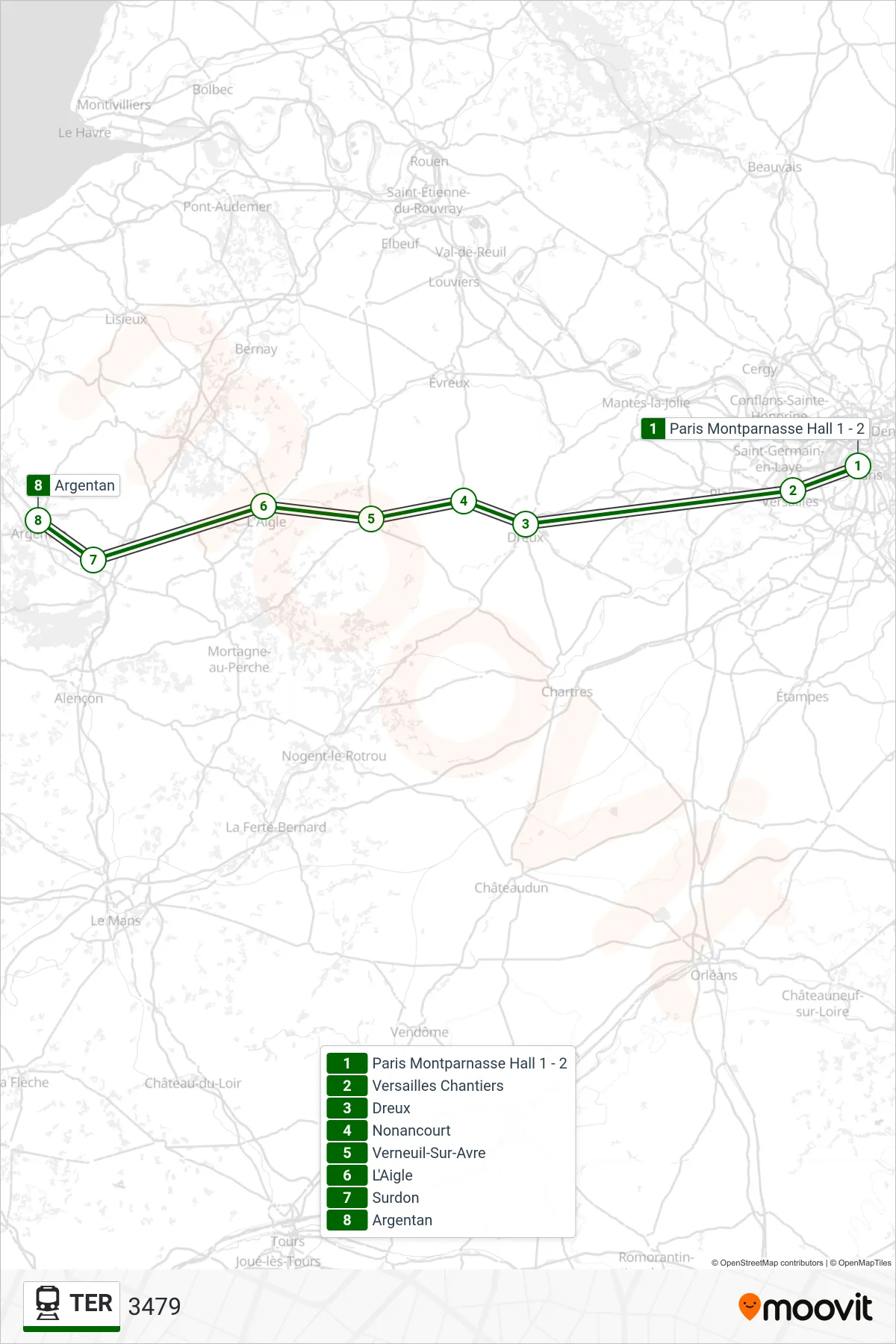 Tracé et arrêts de la ligne TER de train (3479) sur une carte