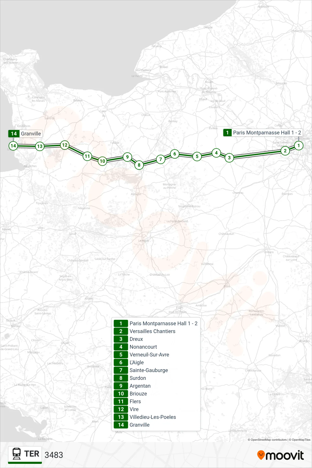 Recorrido y paradas de la línea TER de tren (3483) en el mapa