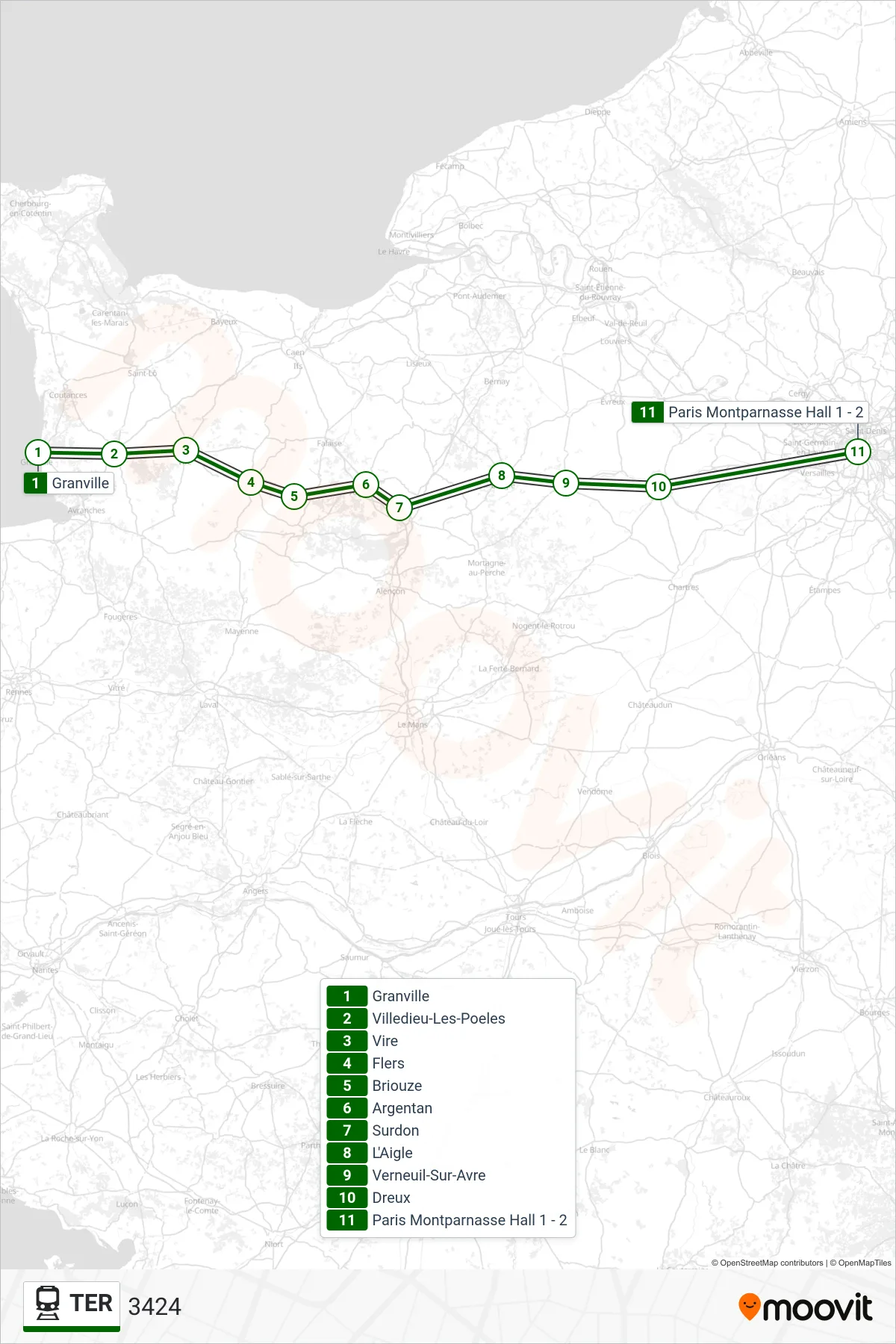 Tracé et arrêts de la ligne TER de train (3424) sur une carte