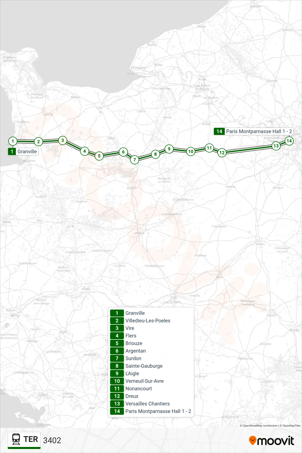 Tracé et arrêts de la ligne TER de train (3402) sur une carte
