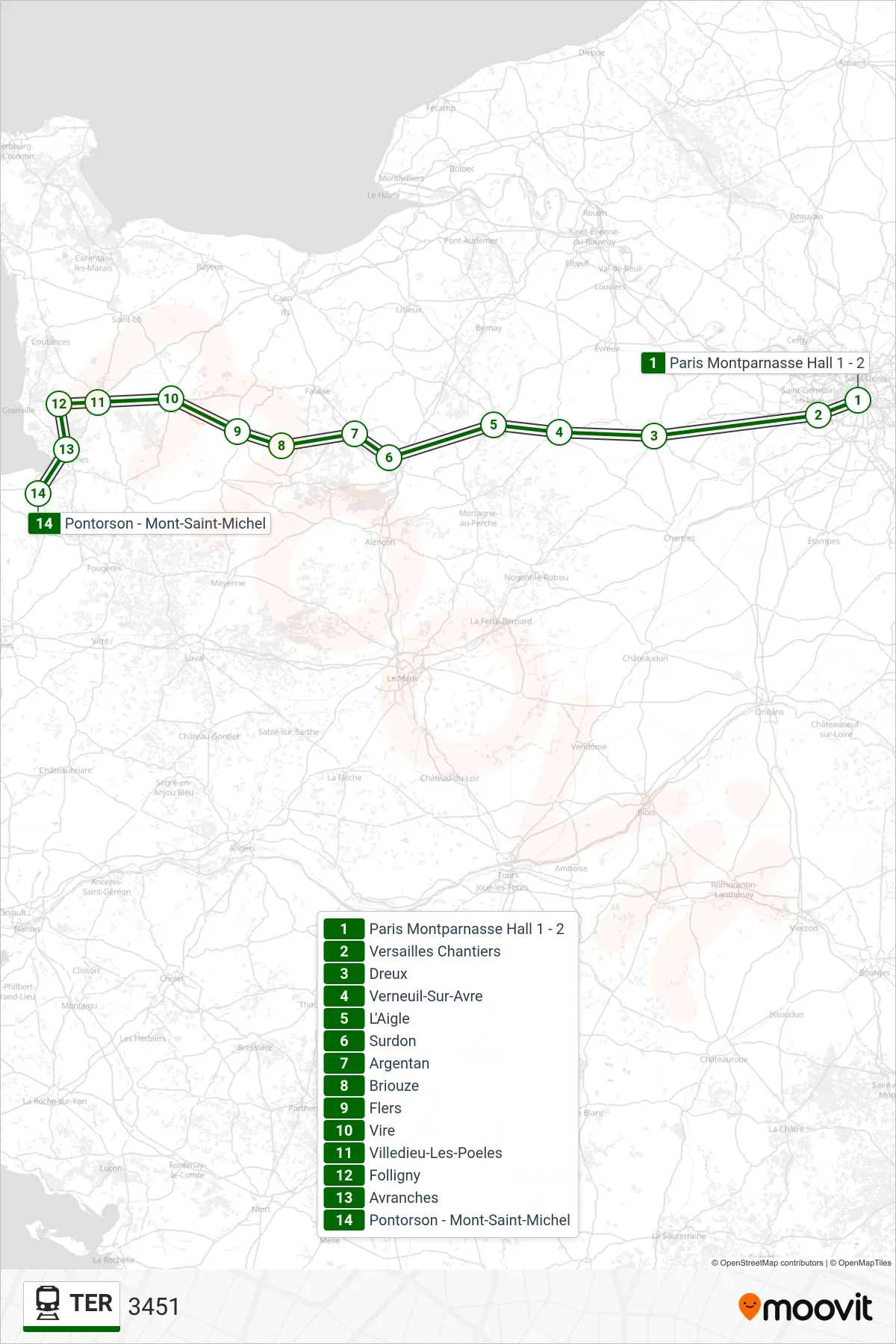 Recorrido y paradas de la línea TER de tren (3451) en el mapa