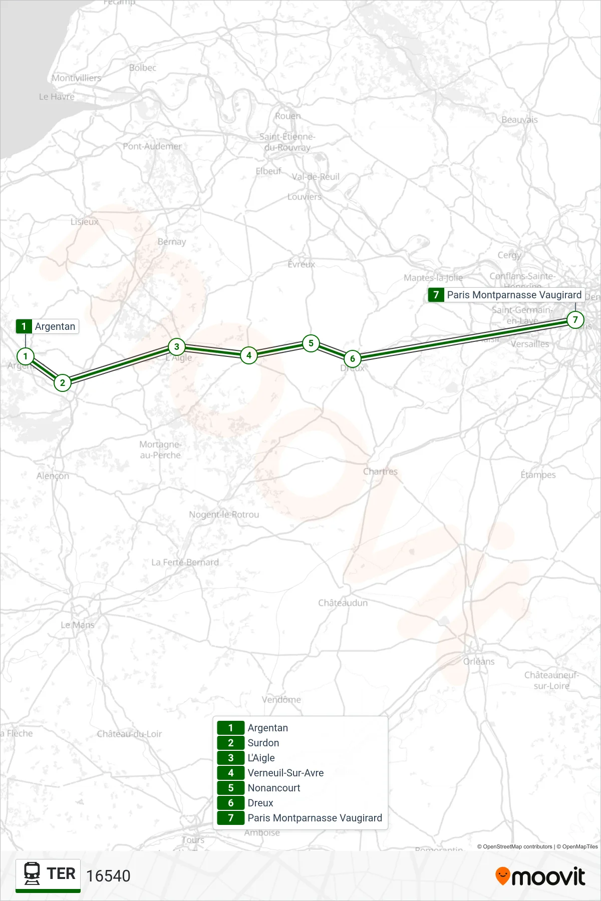Recorrido y paradas de la línea TER de tren (16540) en el mapa