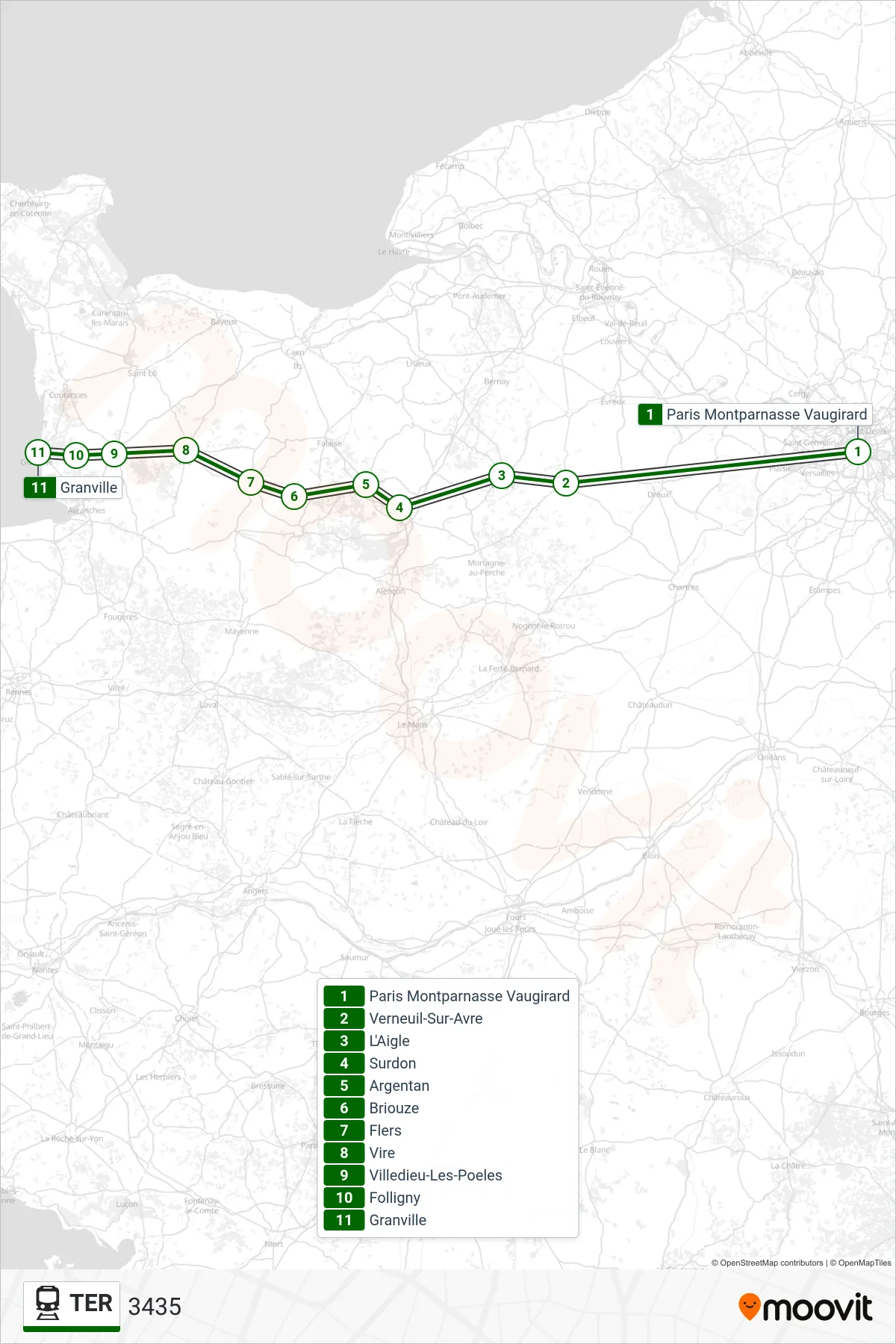 Tracé et arrêts de la ligne TER de train (3435) sur une carte