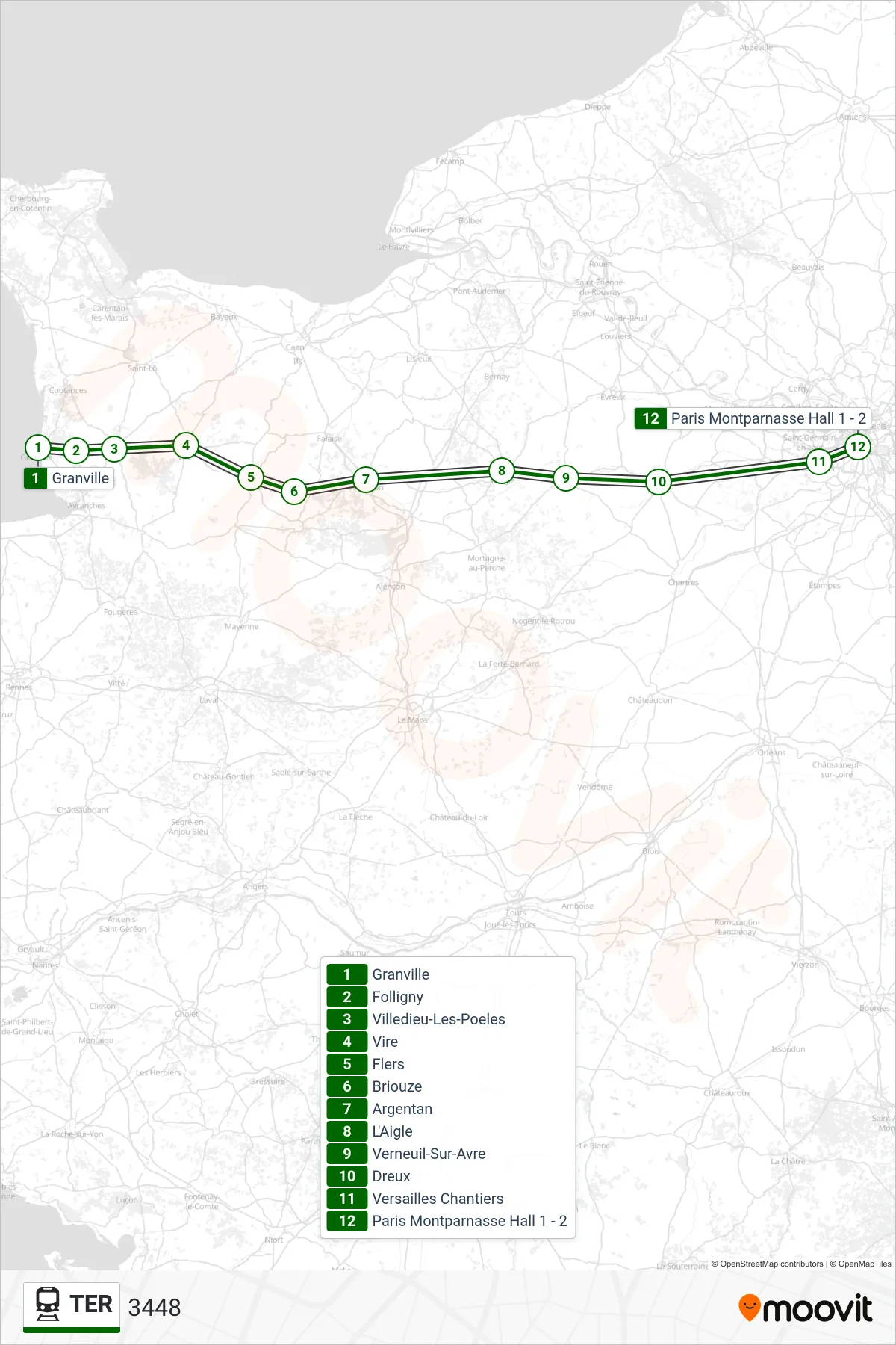 Tracé et arrêts de la ligne TER de train (3448) sur une carte