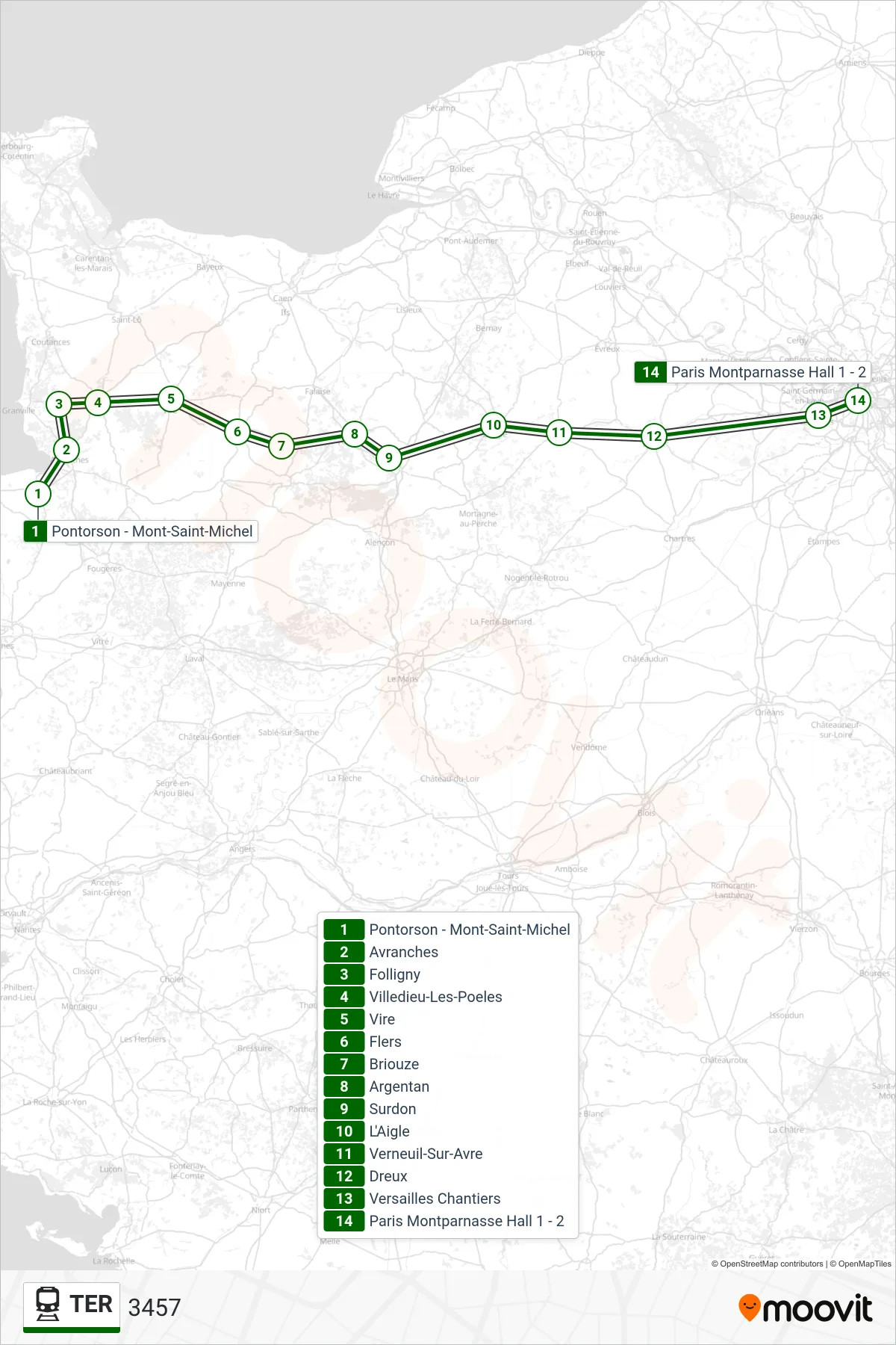 Tracé et arrêts de la ligne TER de train (3457) sur une carte