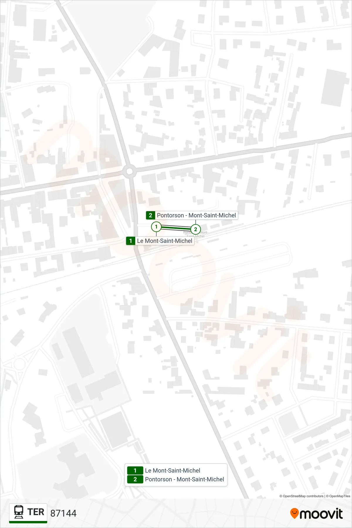 Tracé et arrêts de la ligne TER de train (87144) sur une carte