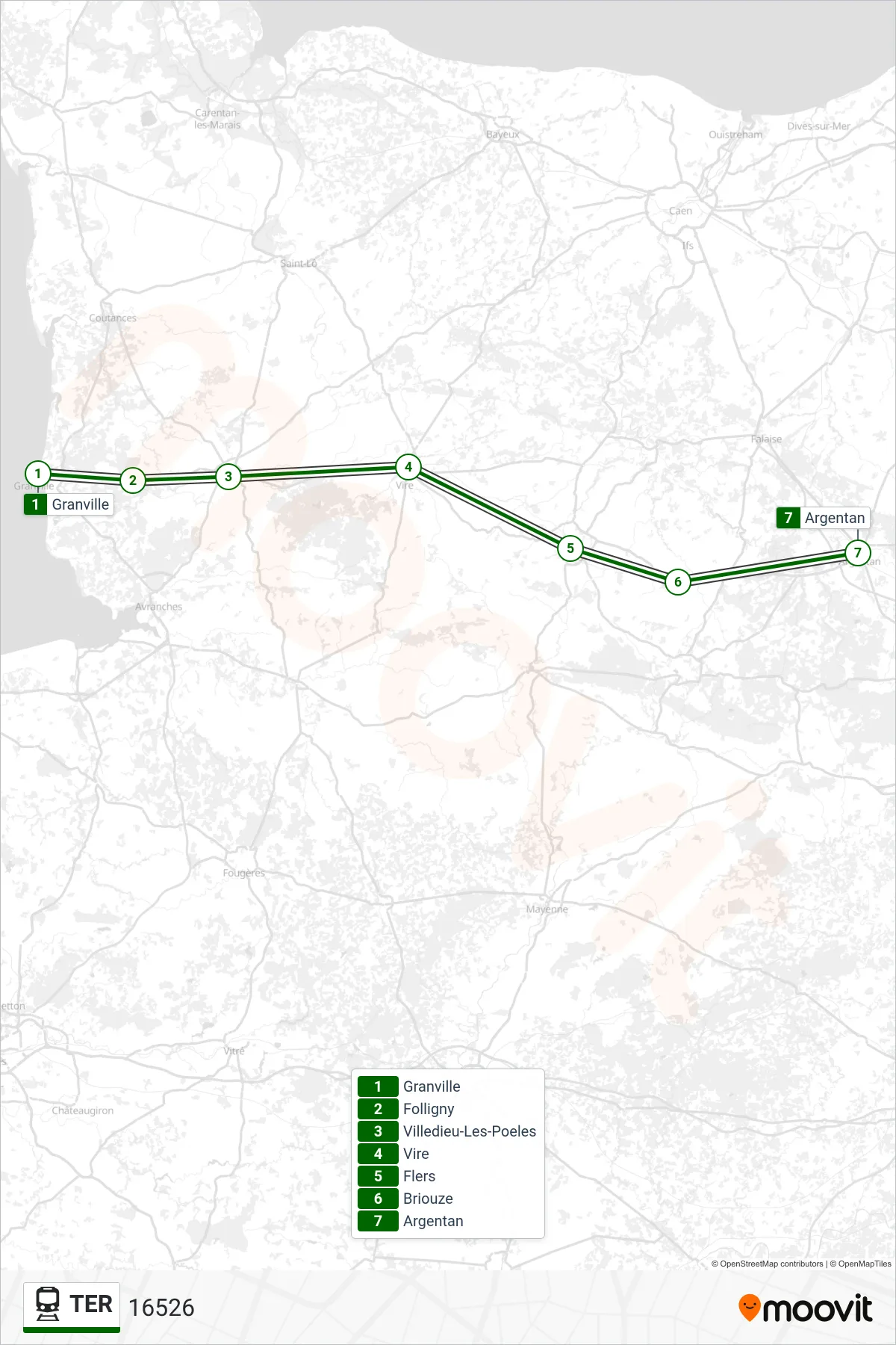 Tracé et arrêts de la ligne TER de train (16526) sur une carte