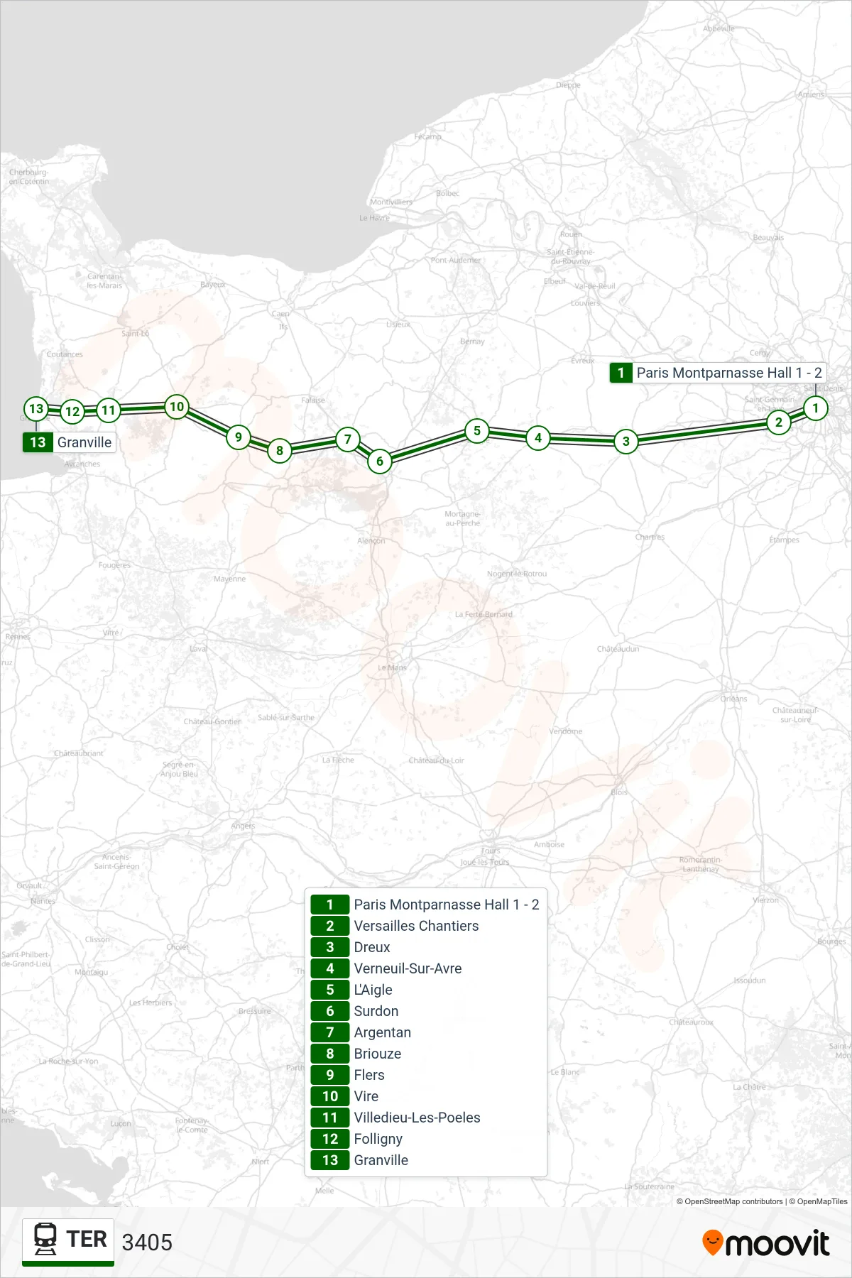 Tracé et arrêts de la ligne TER de train (3405) sur une carte