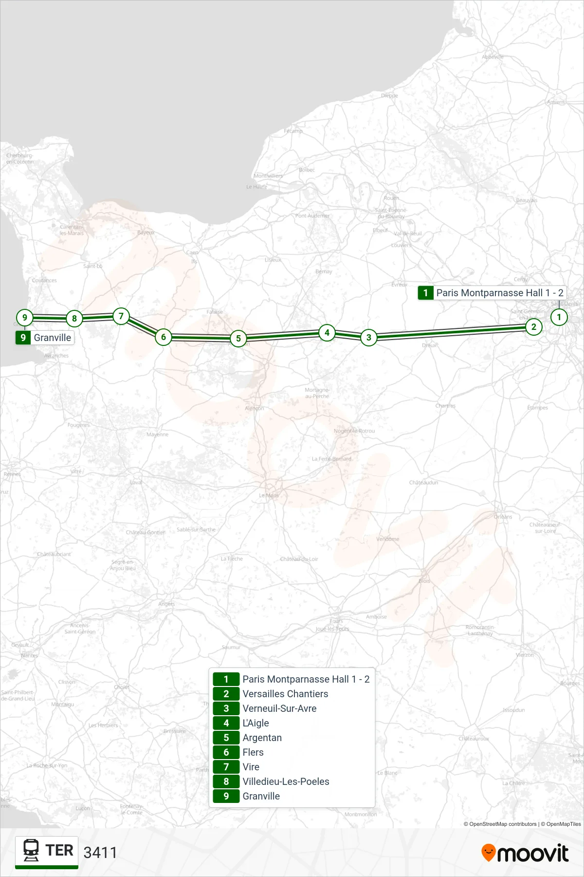 Recorrido y paradas de la línea TER de tren (3411) en el mapa