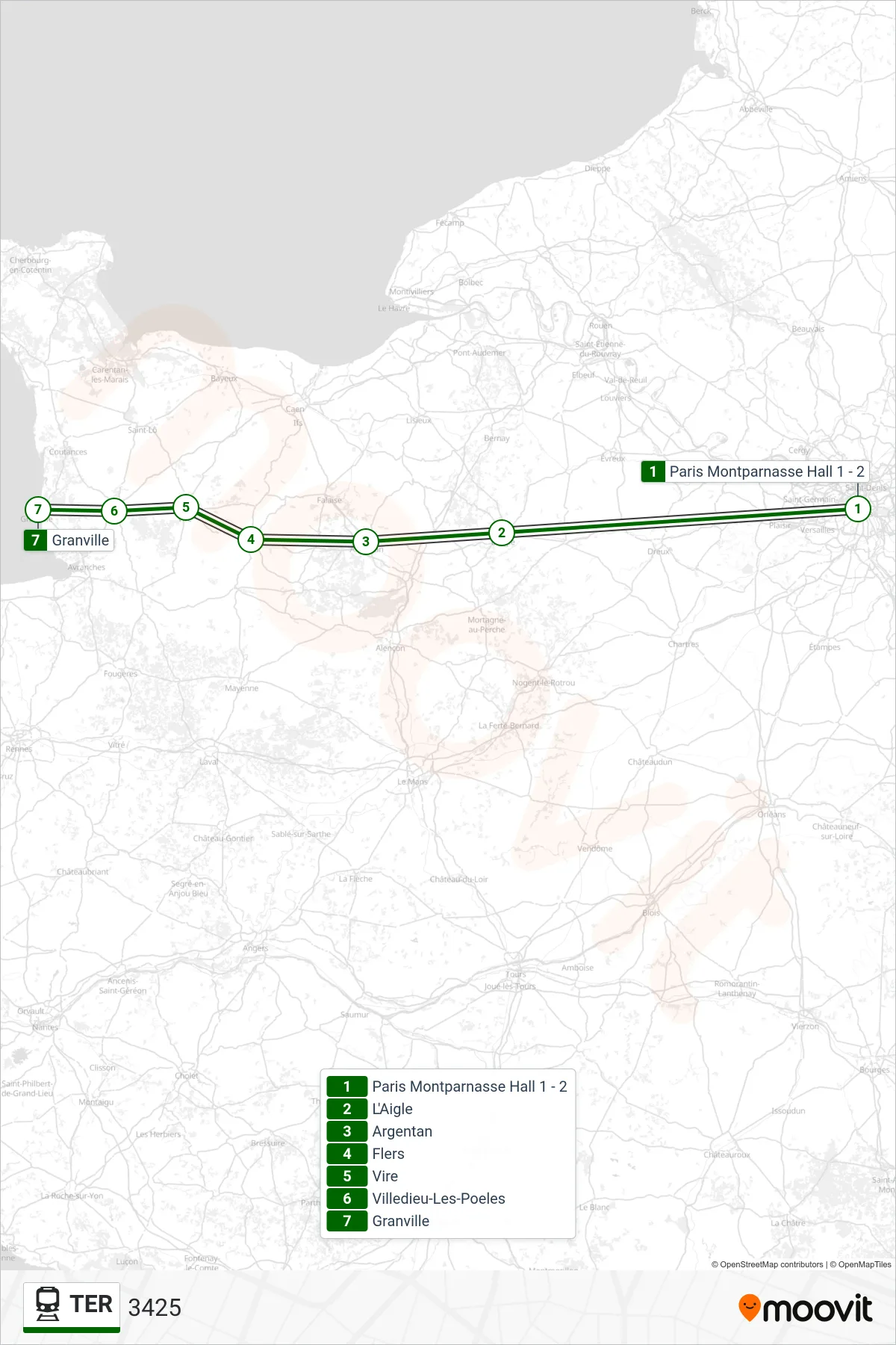 Tracé et arrêts de la ligne TER de train (3425) sur une carte