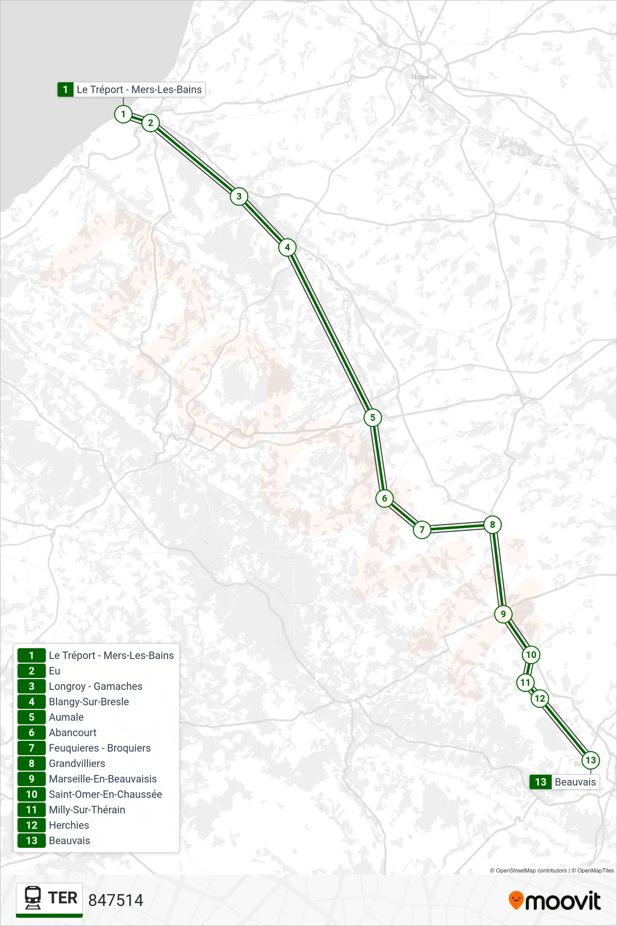 Tracé et arrêts de la ligne TER de train (847514) sur une carte