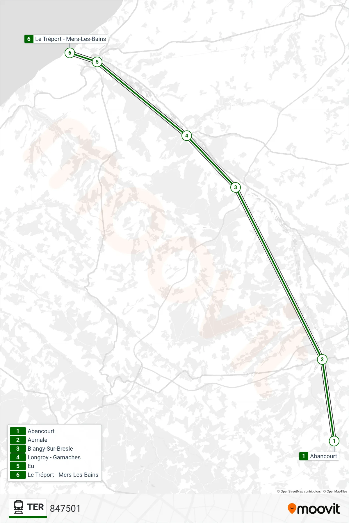 Tracé et arrêts de la ligne TER de train (847501) sur une carte