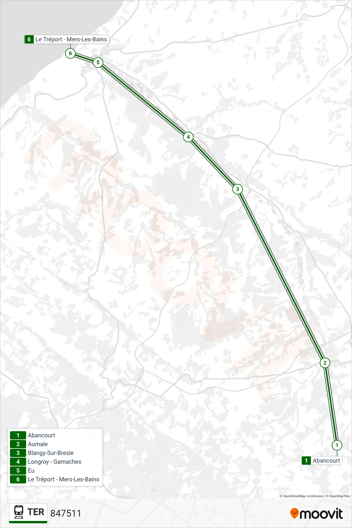 TER train Line (847511) route and stops on a map