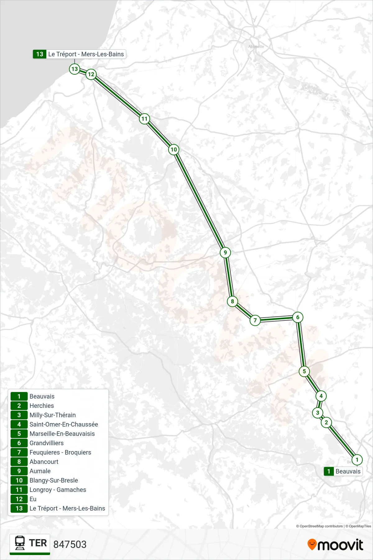 Recorrido y paradas de la línea TER de tren (847503) en el mapa