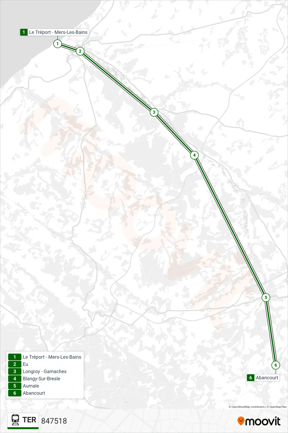 Tracé et arrêts de la ligne TER de train (847518) sur une carte
