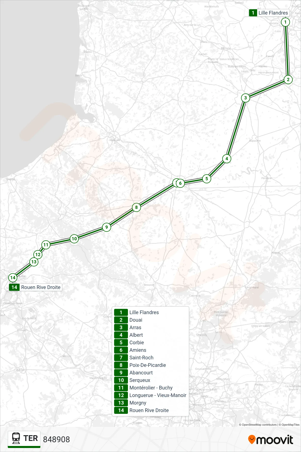 TER train Line (848908) route and stops on a map