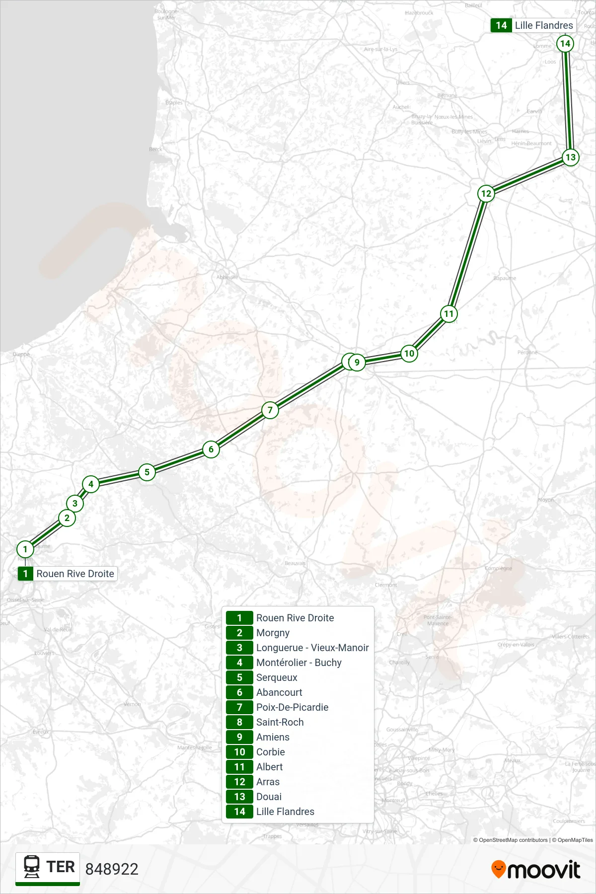 TER rail Line (848922) route and stops on a map