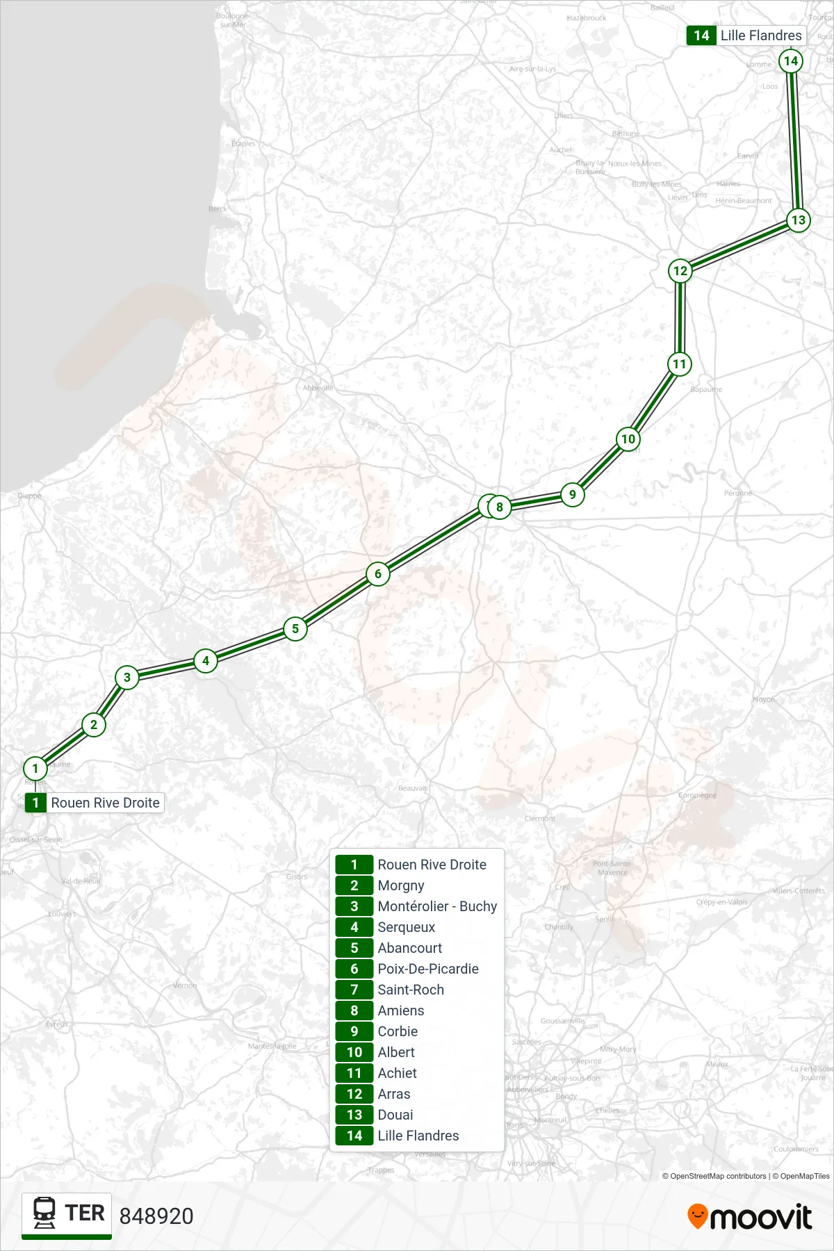 TER train Line (848920) route and stops on a map