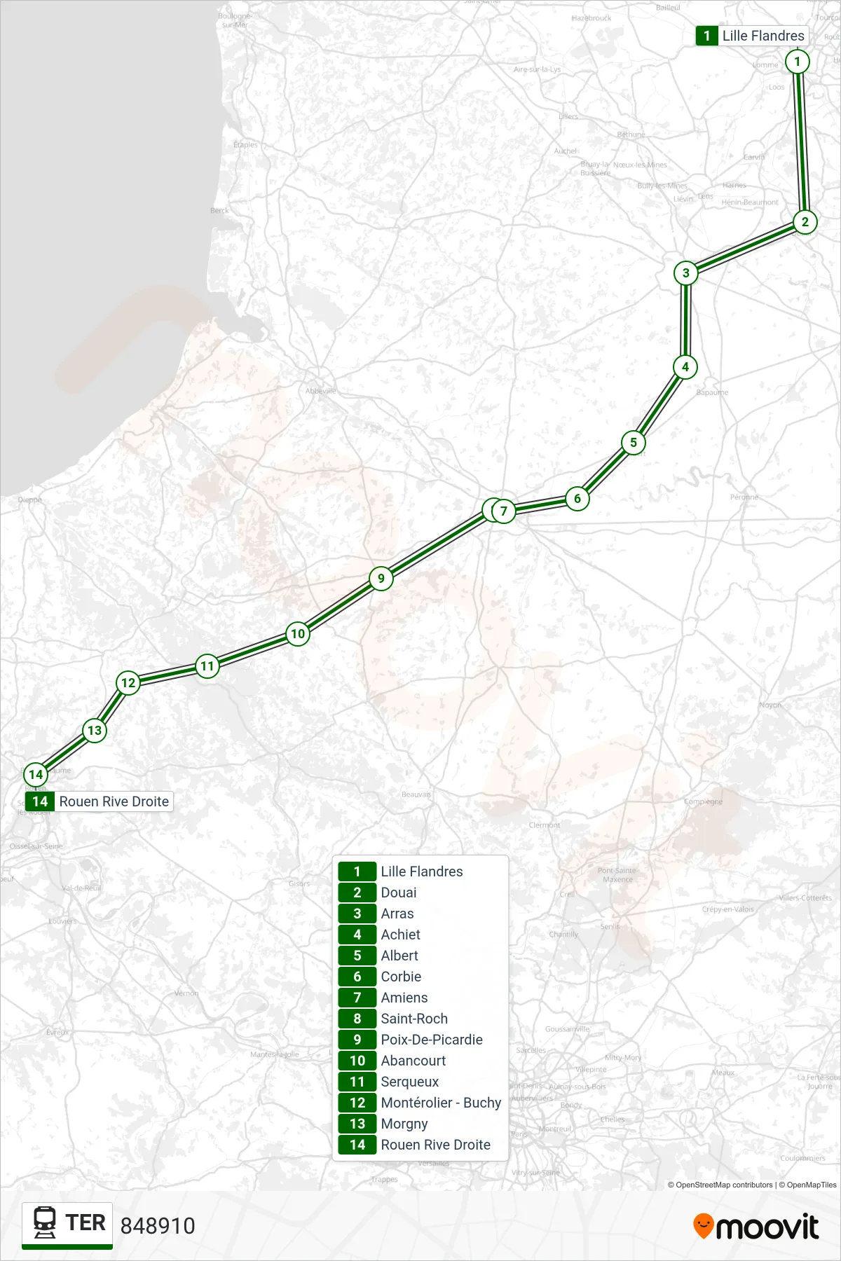 TER rail Line (848910) route and stops on a map