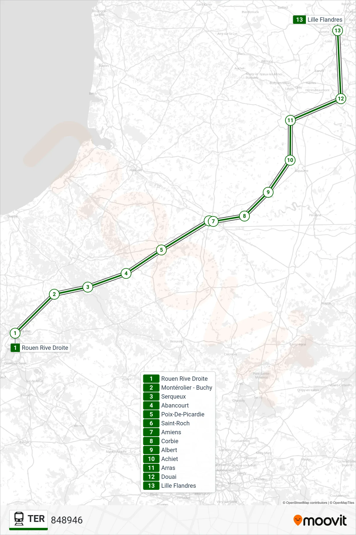 TER train Line (848946) route and stops on a map