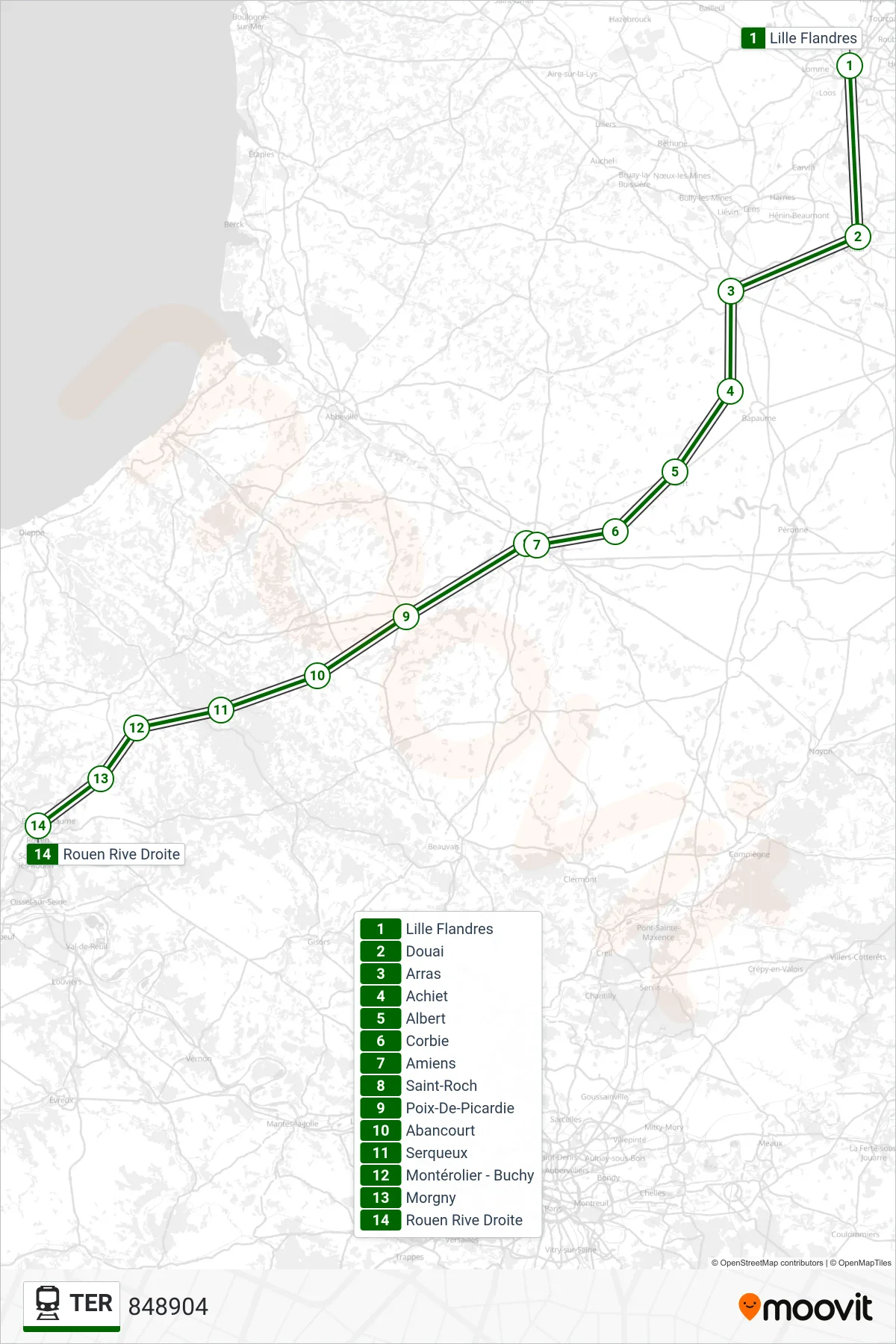 TER rail Line (848904) route and stops on a map