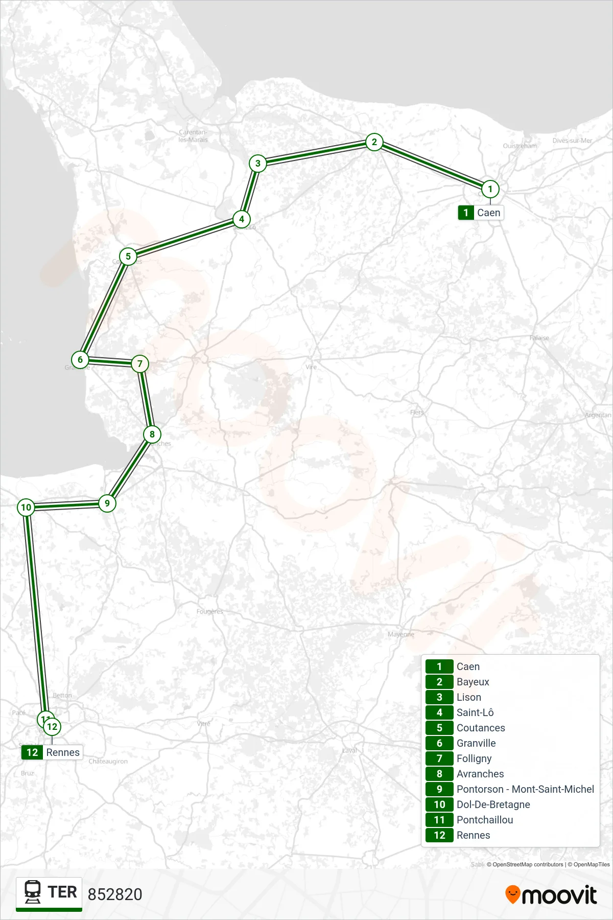 Recorrido y paradas de la línea TER de tren (852820) en el mapa