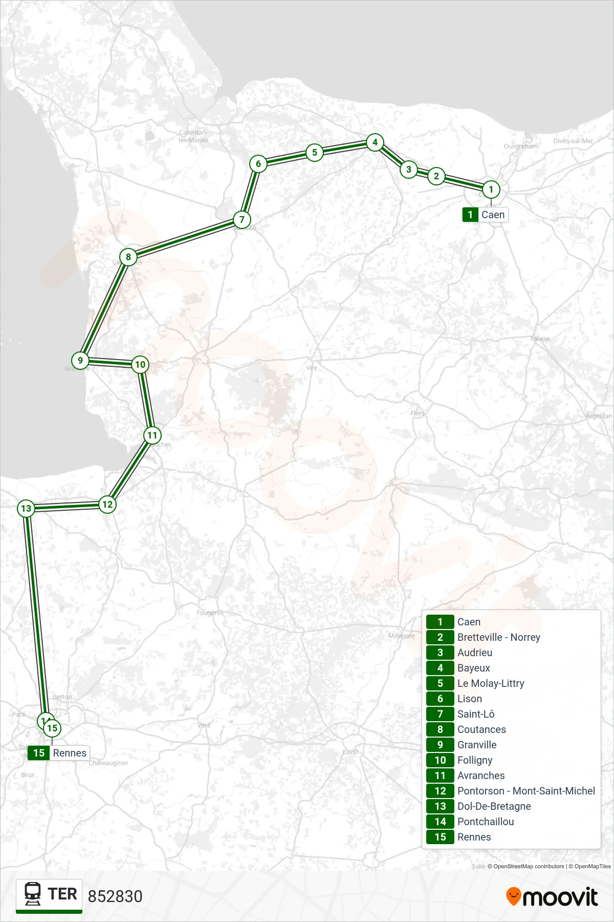 Tracé et arrêts de la ligne TER de train (852830) sur une carte