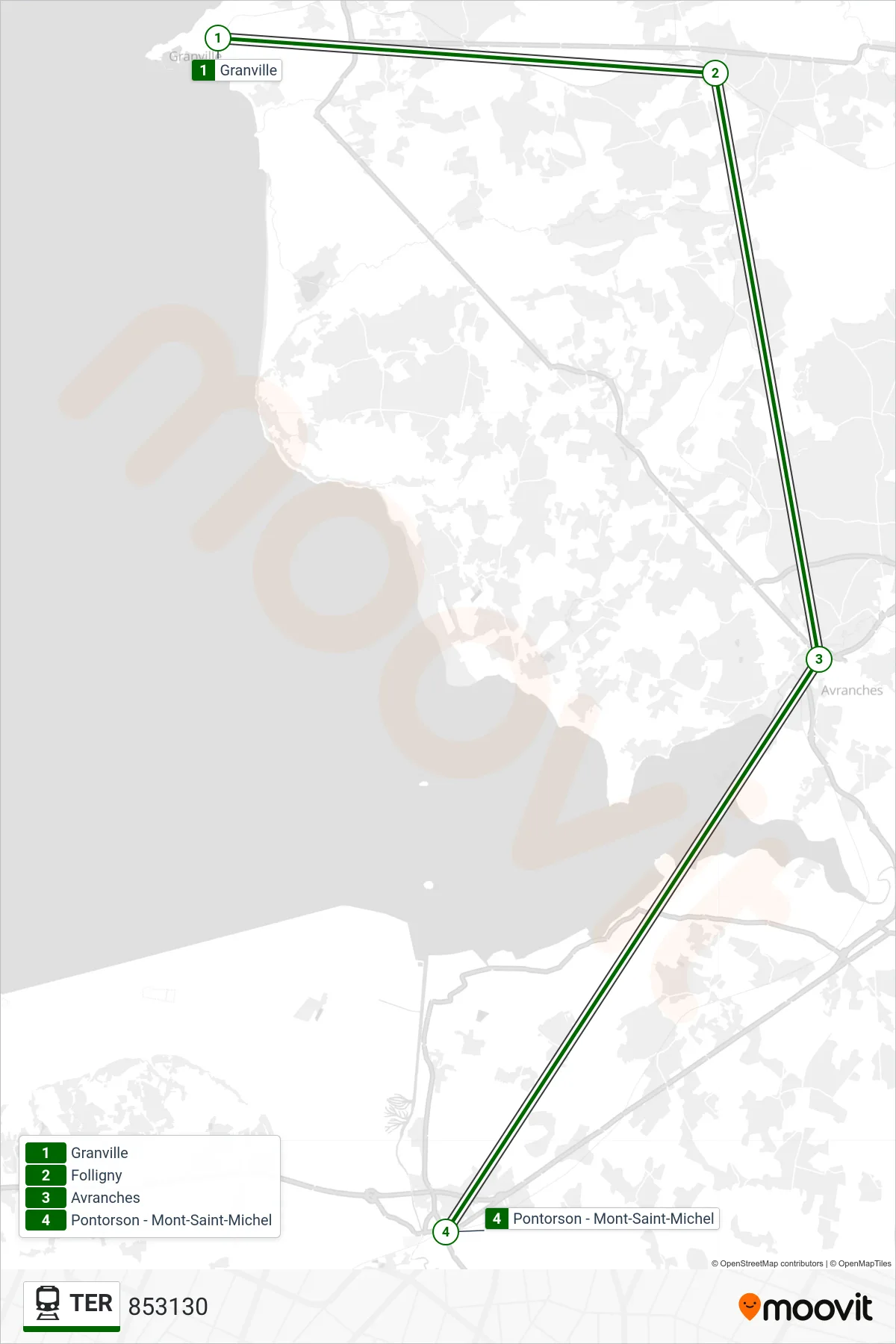 Tracé et arrêts de la ligne TER de train (853130) sur une carte