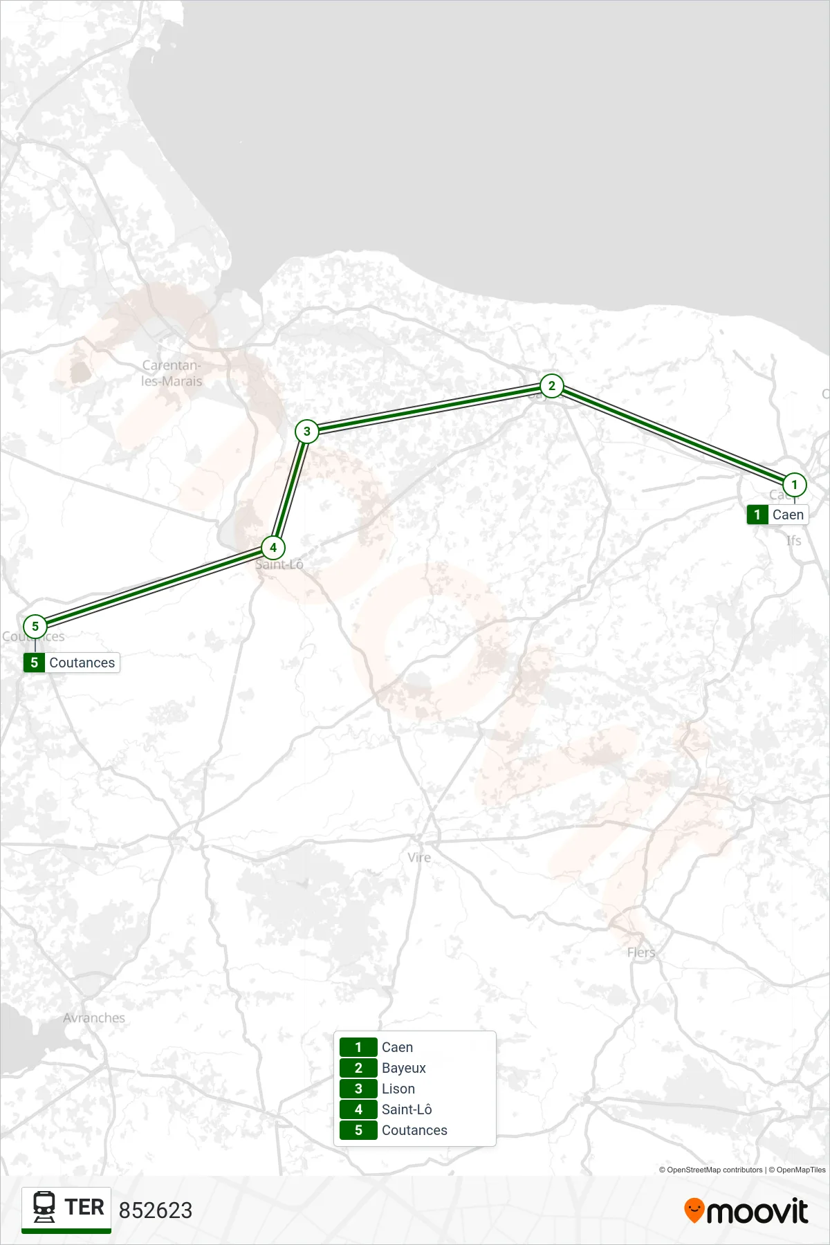 Tracé et arrêts de la ligne TER de train (852623) sur une carte
