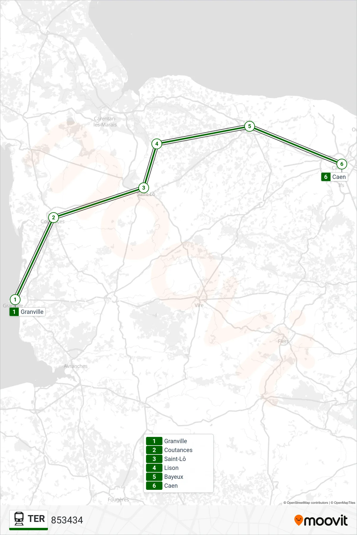 Tracé et arrêts de la ligne TER de train (853434) sur une carte