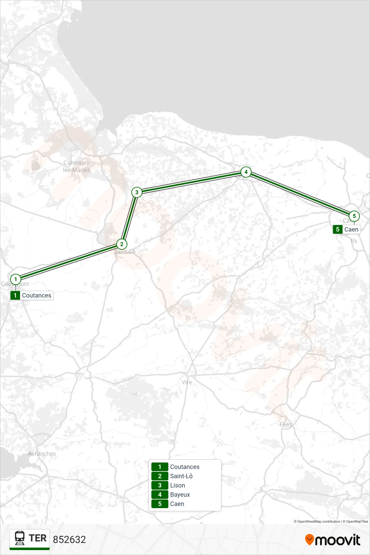 Recorrido y paradas de la línea TER de tren (852632) en el mapa