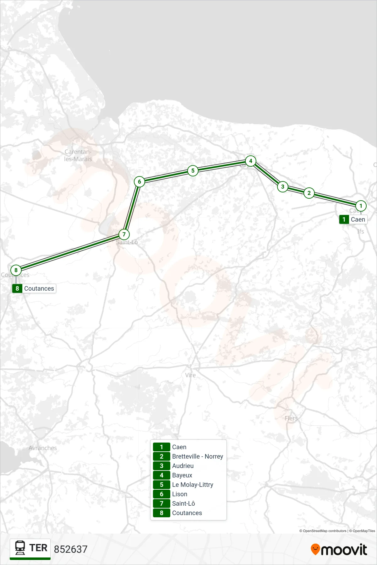Tracé et arrêts de la ligne TER de train (852637) sur une carte