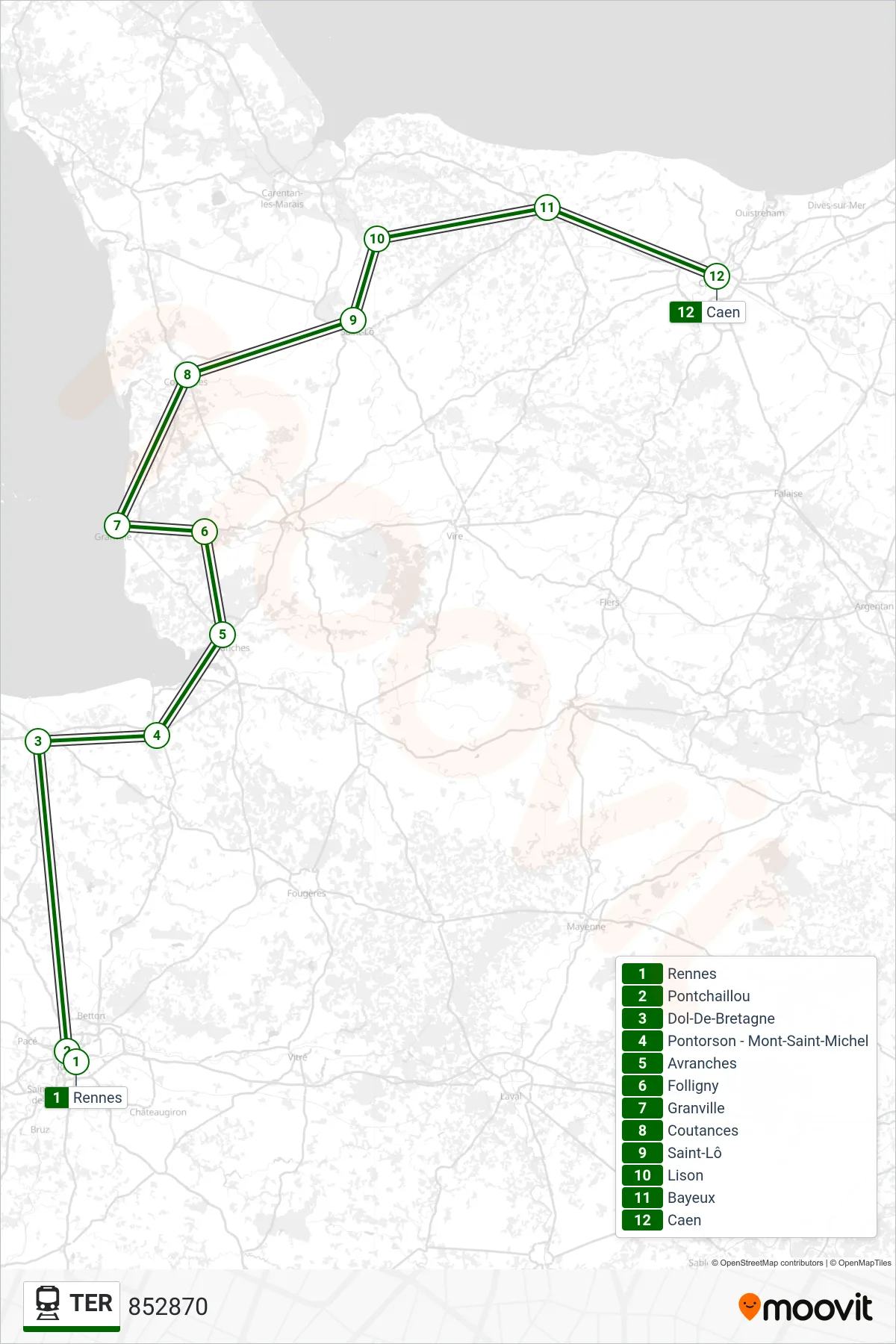 Tracé et arrêts de la ligne TER de train (852870) sur une carte