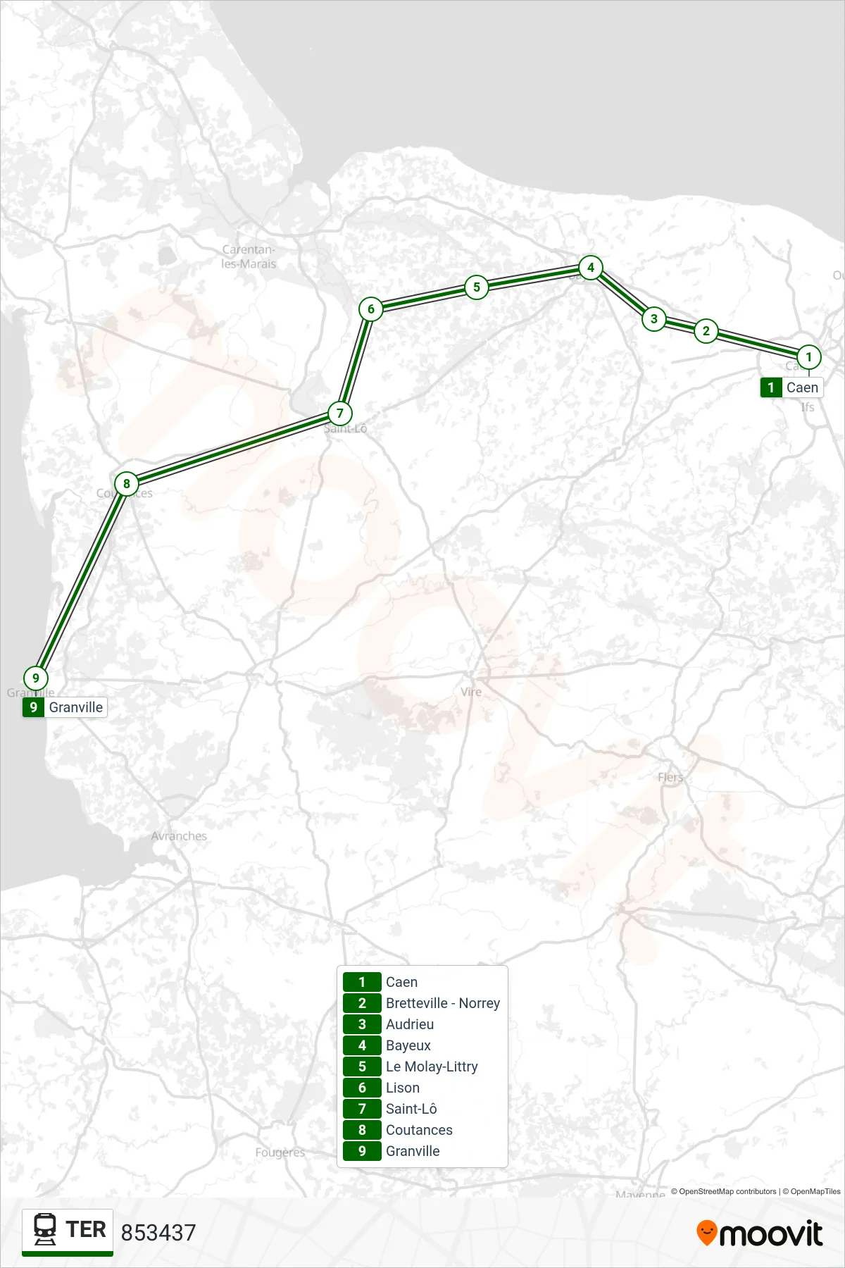Tracé et arrêts de la ligne TER de train (853437) sur une carte