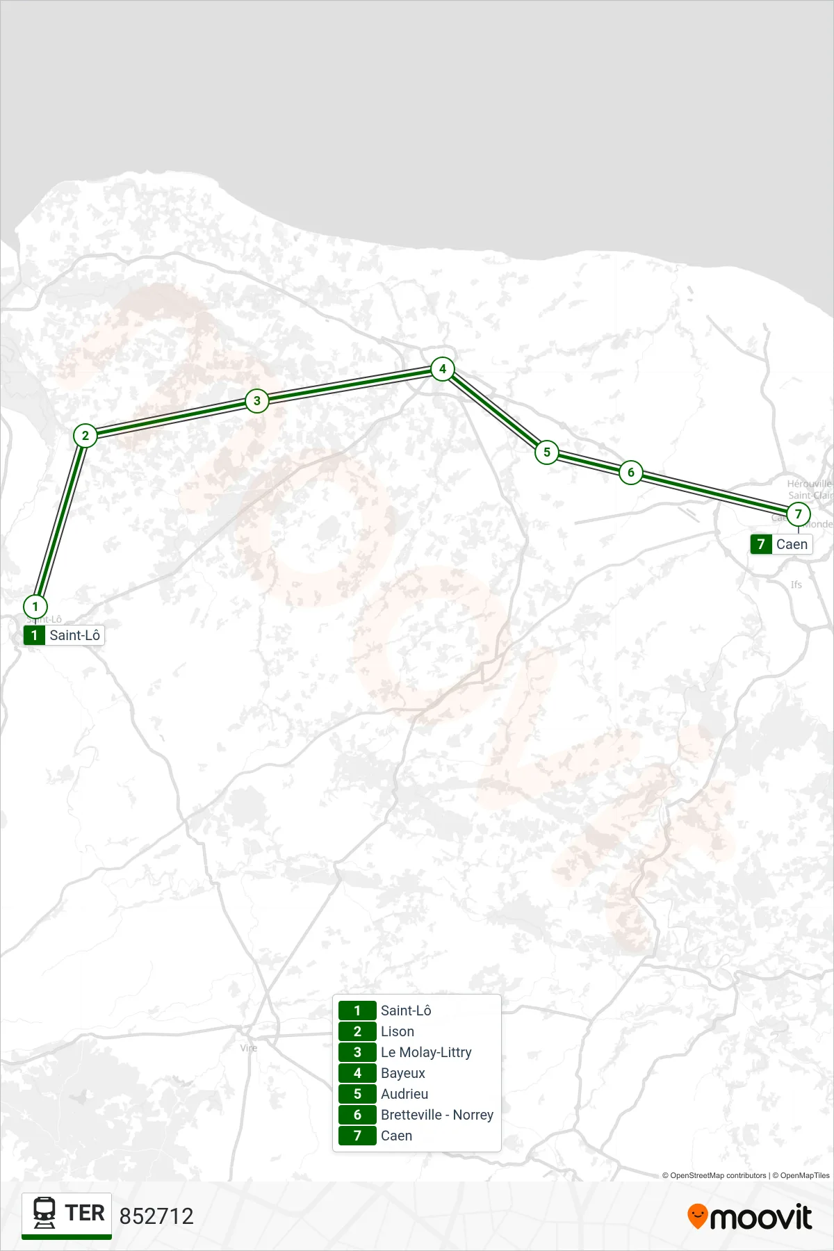 Recorrido y paradas de la línea TER de tren (852712) en el mapa