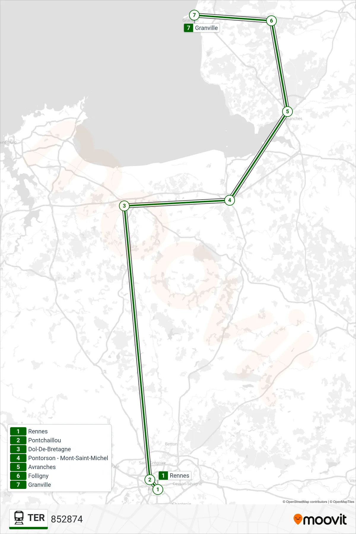 Tracé et arrêts de la ligne TER de train (852874) sur une carte