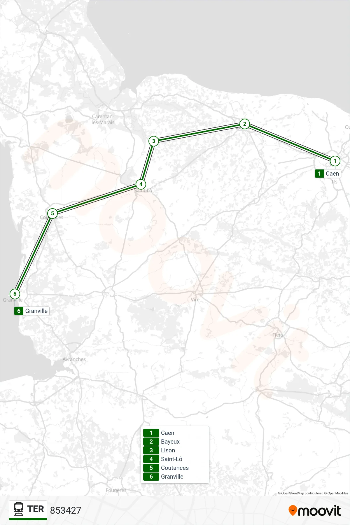 Tracé et arrêts de la ligne TER de train (853427) sur une carte