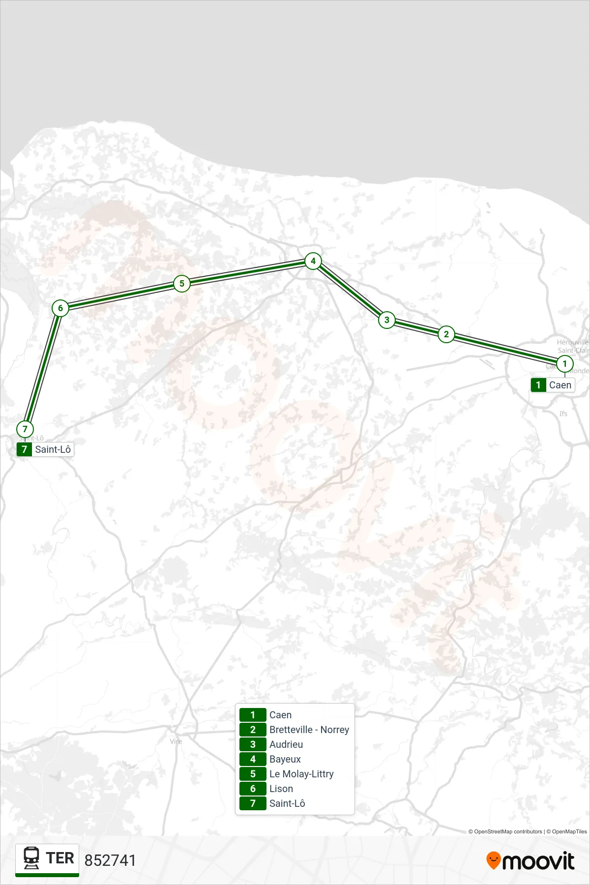 Tracé et arrêts de la ligne TER de train (852741) sur une carte