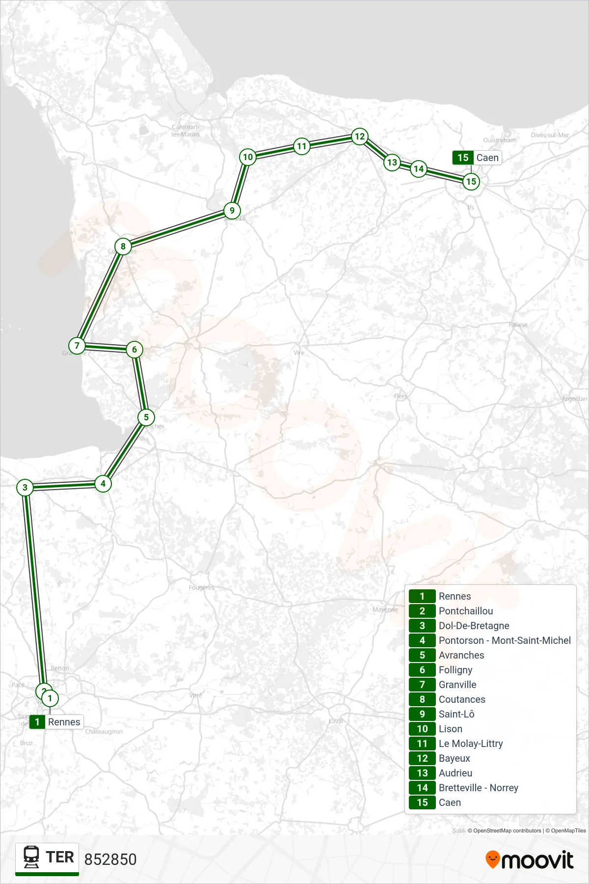 Tracé et arrêts de la ligne TER de train (852850) sur une carte