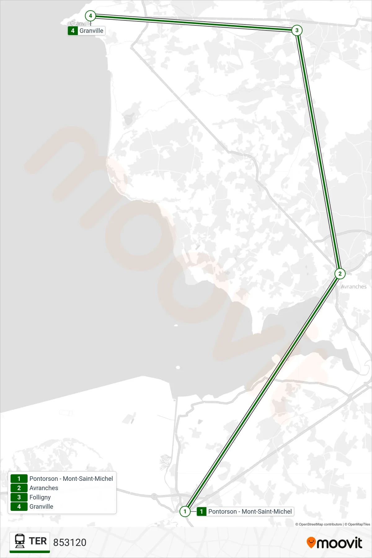 Tracé et arrêts de la ligne TER de train (853120) sur une carte